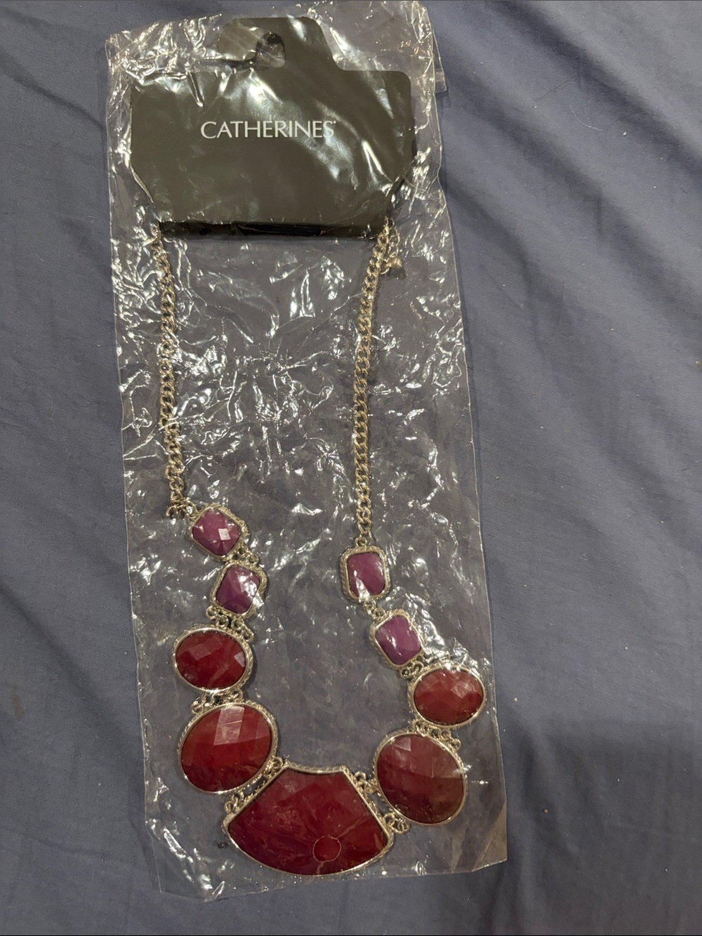 Catherines Gold-Tone Necklace with Deep Pink and Red Stones